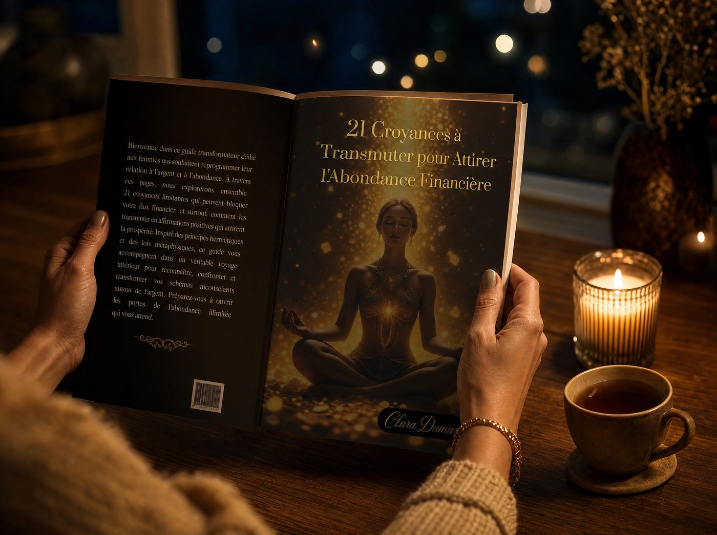 Le guide 21 Croyances à Transmuter posé ouvert, à la lueur d'une bougie.