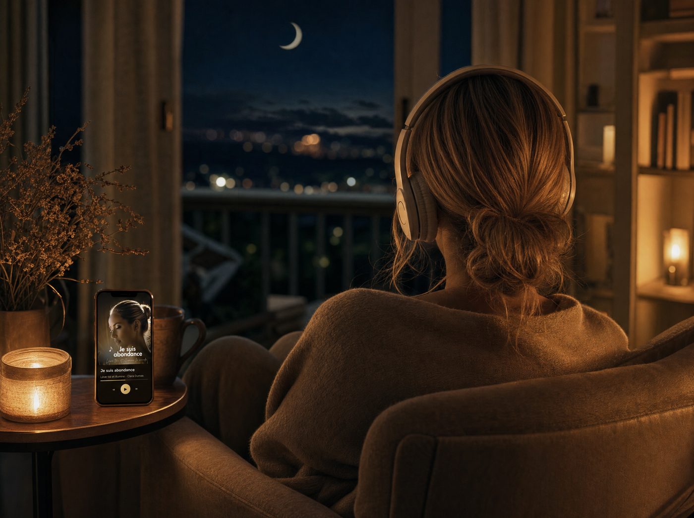 Une femme écoute l'audio Lève-toi et illumine, les yeux fermés, au casque.