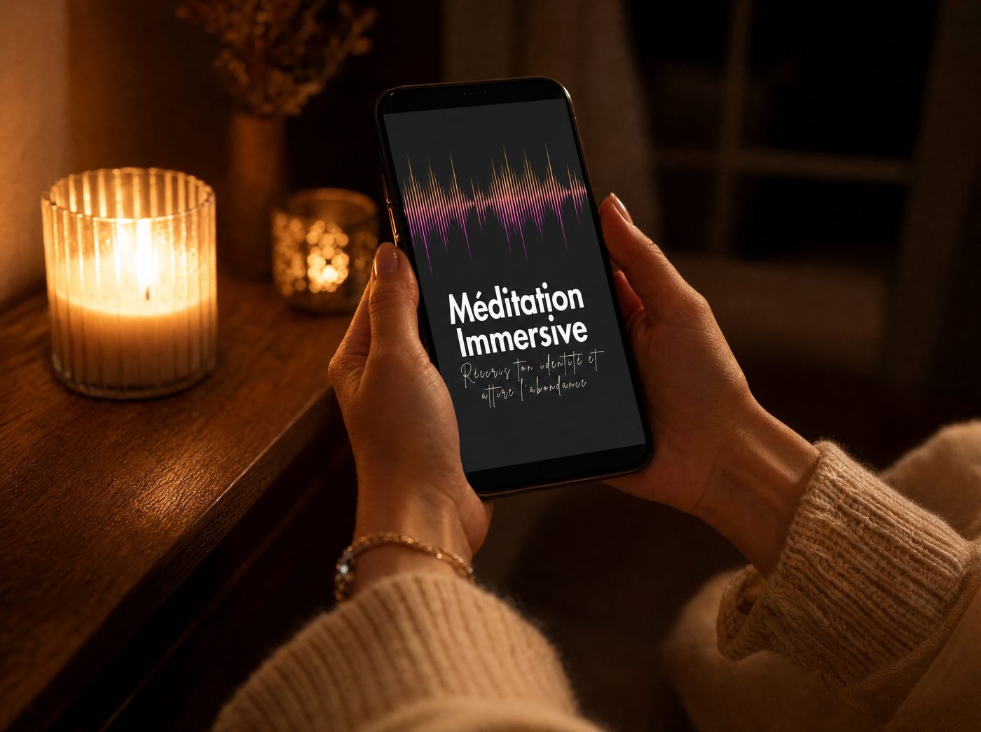 Une femme écoute la Méditation Immersive, les yeux fermés, au casque.