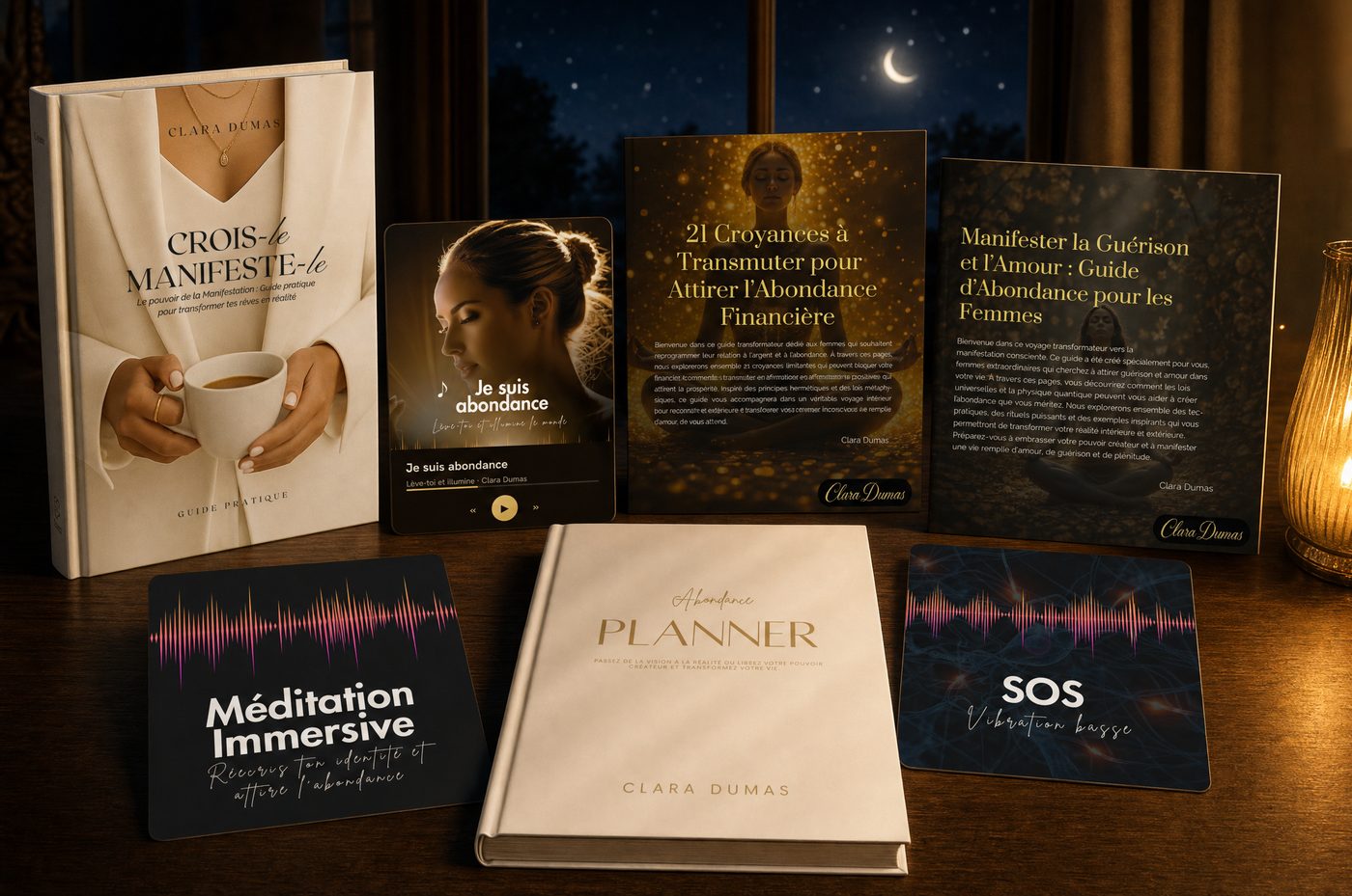 Le coffret complet : les sept produits Crois-le. Manifeste-le. élégamment disposés à la lueur d'une bougie, la lune croissante en arrière-plan.