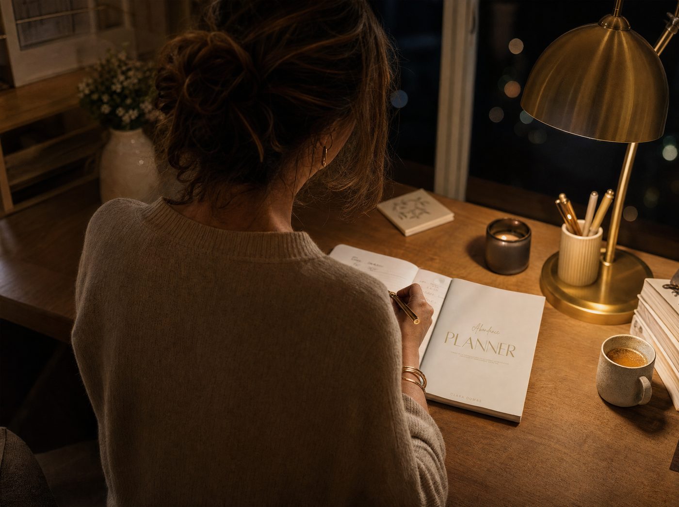 Une femme écrit dans son planner Abondance, à la lueur d'une lampe.