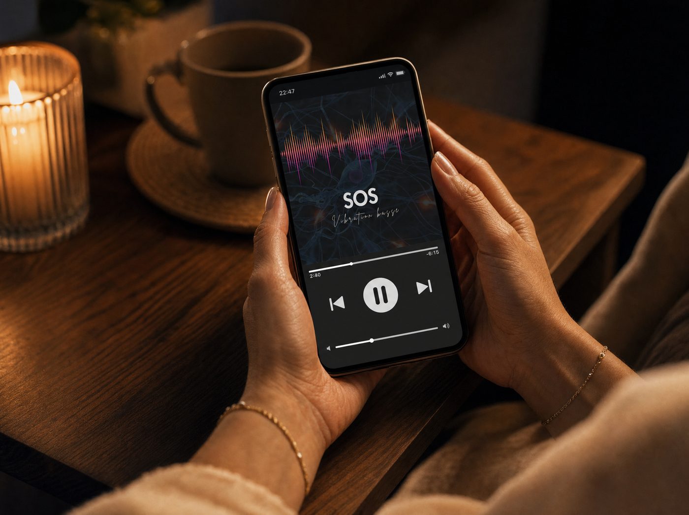 Une femme tient son téléphone affichant l'audio SOS Vibration basse.