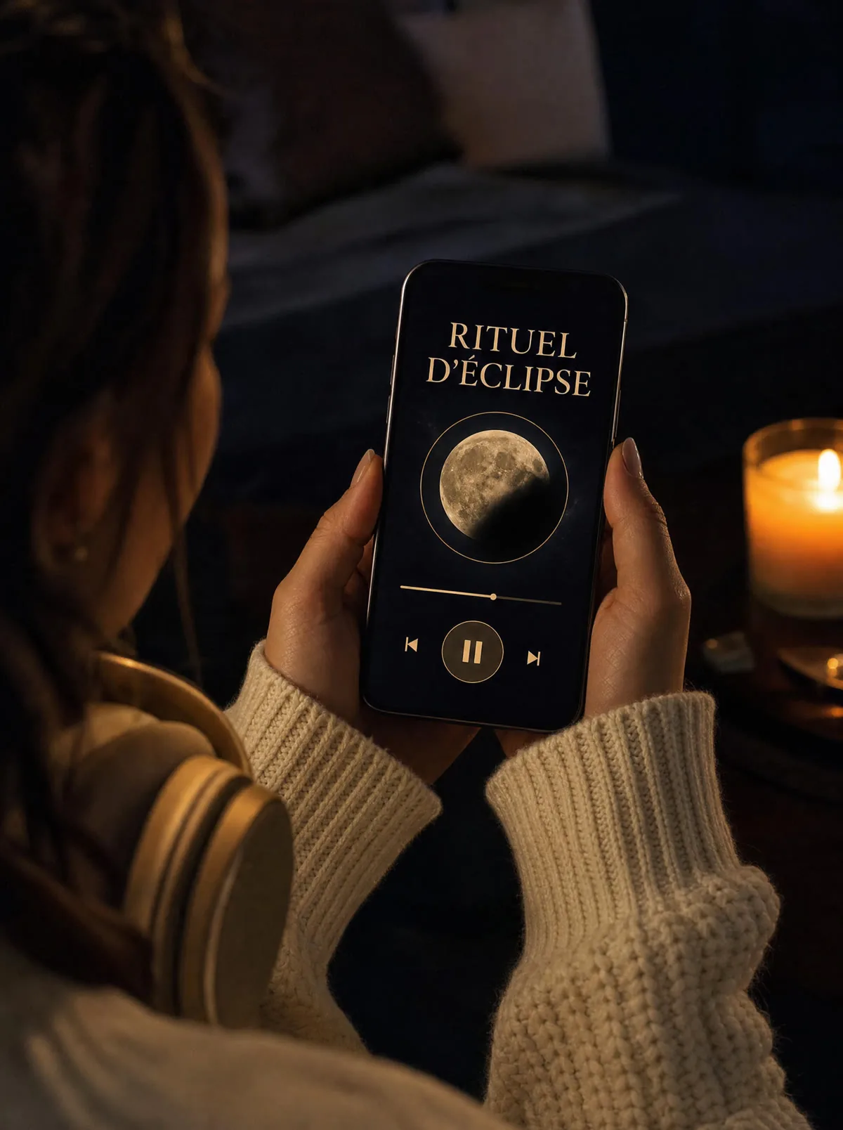 Le Rituel d’Éclipse sur un téléphone : la Lune à demi voilée, une barre de lecture et un bouton pause, une bougie à côté